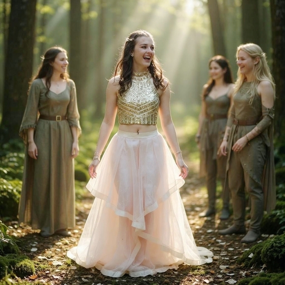 Social Code ✦ Champagne Skirt Set ✦ Sequin Halter Crop + Ruffle Chiffon High-Low - Picture 5 of 16